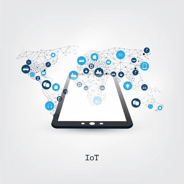 Concetto di progettazione dell'Internet delle cose con tablet PC e icone Connessioni di rete digitali, background tecnologico — Vettoriale Stock