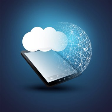 Bulut tasarım konsepti - dijital ağ bağlantıları, teknolojik altyapı ile dünya ve Tablet Pc bilgisayar
