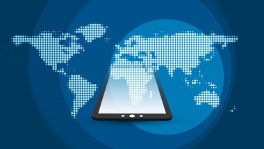 Fütüristik küresel teknoloji, ağ ve tasarım konsepti benekli dünya ile bulut harita ve Tablet Pc - dijital ağ bağlantıları, teknolojik altyapı