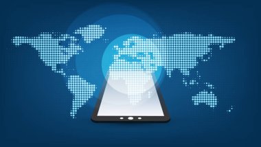 Fütüristik küresel teknoloji, ağ ve tasarım konsepti benekli dünya ile bulut harita ve Tablet Pc - dijital ağ bağlantıları, teknolojik altyapı