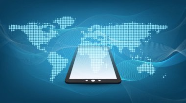 Fütüristik küresel teknoloji, ağ ve tasarım konsepti benekli dünya ile bulut harita ve Tablet Pc - dijital ağ bağlantıları, teknolojik altyapı