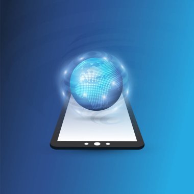 Cloud Computing tasarım konsepti ile dünya küre ve Tablet Pc - dijital ağ bağlantıları, teknolojik altyapı, vektör tasarımı