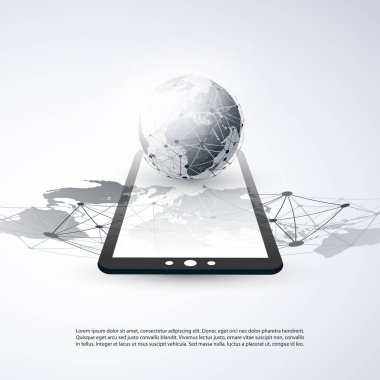 Dijital Ağ bağlantıları, mobil teknoloji arka plan - bulut tasarım konsepti ağ kafes, dünya küre ve Tablet Pc, mobil cihaz ile bilgisayar