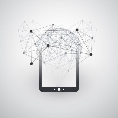 Dijital Ağ bağlantıları, mobil teknoloji arka plan - bulut tasarım konsepti ağ kafes, küre ve Tablet Pc, mobil cihaz ile bilgisayar
