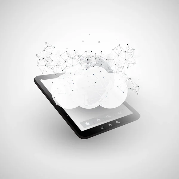 Concetto di progettazione del cloud computing con tablet e globo terrestre Connessioni di rete digitali, background tecnologico — Vettoriale Stock