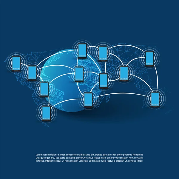 Connexions réseau mobile, arrière-plan technologique - Concept de conception d'informatique en nuage avec maillage et carte du monde — Image vectorielle