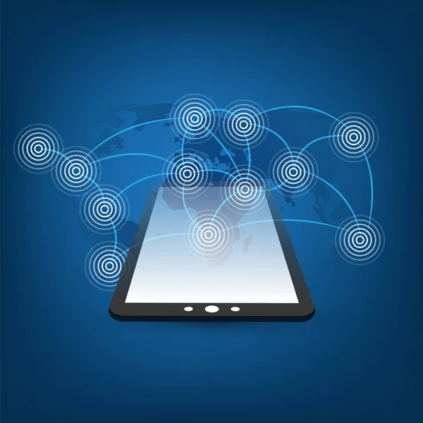 Conexões de Rede Digital, Fundo de Tecnologia - Conceito de Design de Computação em Nuvem com Tablet PC e Mapa Mundial —  Vetores de Stock