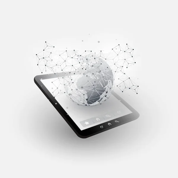 Digitální síťová připojení, mobilní technologie na pozadí - Cloud Computing koncepce designu s drátový model, země světa a Tablet Pc, mobilní zařízení — Stockový vektor