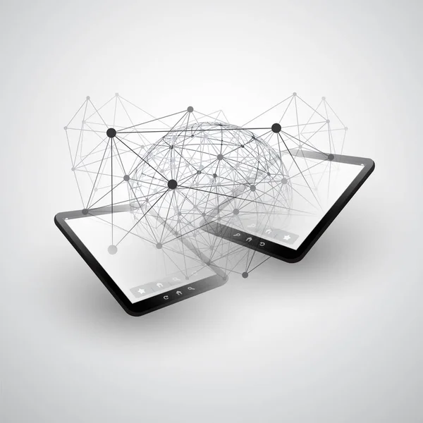 Digitale Netzwerkverbindungen, mobiler Technologiehintergrund - Cloud-Computing-Designkonzept mit Netzwerk-Mesh, Globus und Tablet-PC, Mobilgerät — Stockvektor