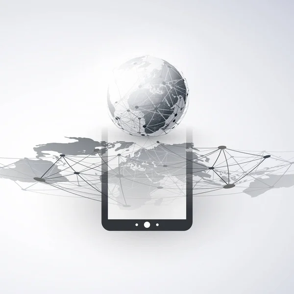 Digitale netwerkverbindingen, mobiele technologie achtergrond - Cloud Computing Design Concept met netwerk Mesh, Earth Globe en Tablet Pc, mobiel apparaat — Stockvector