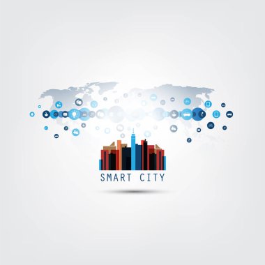 Renkli akıllı şehir, tasarım konsepti simgeler - dijital ağ bağlantıları, teknolojik altyapı ile bulut