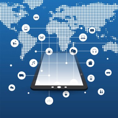 Akıllı şehir, ev otomasyon, Cloud Computing simgeler ve Tablet Pc - dijital ağ bağlantıları, teknolojik altyapı ile benekli Dünya Haritası ve simgeler ile tasarım konsepti