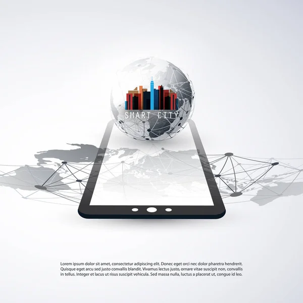 스마트 시티, 클라우드 컴퓨팅 지구 지구 및 세계 지도-디지털 네트워크 연결, 기술 배경 디자인 컨셉 — 스톡 벡터