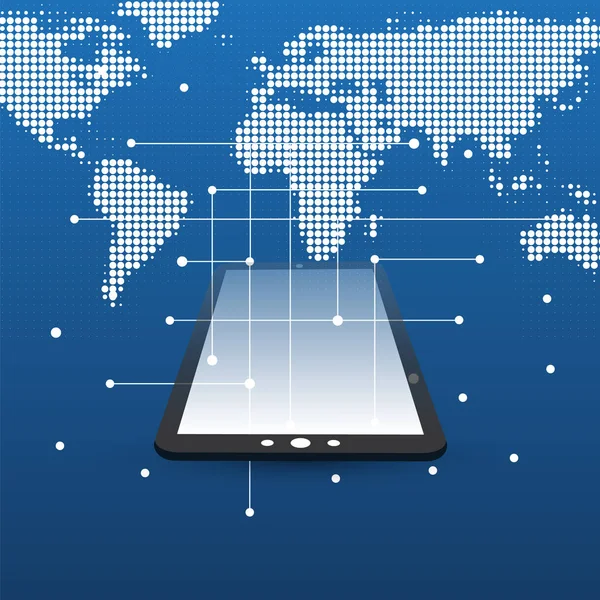 Global dijital ağ bağlantıları Fileli konsept tasarım ve Tablet Pc - teknolojik altyapı ile benekli Dünya Haritası