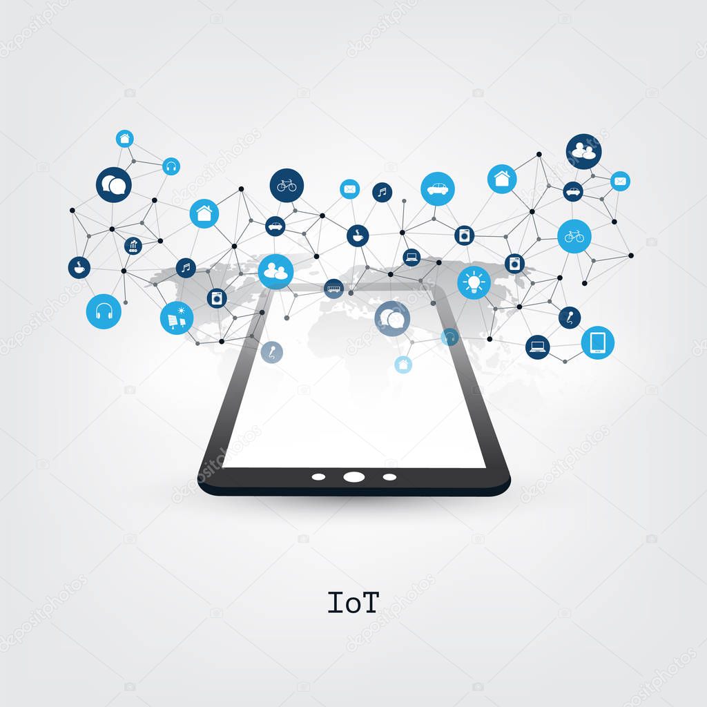 Internet of Things Design Concept with Tablet PC and Icons - Digital Network Connections, Technology Background