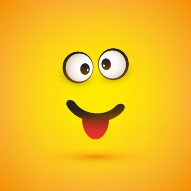 Emoji şaşırıp kalmış dışarı dil - sarı arka plan üzerinde basit parlak mutlu ifade ile gülümseyen