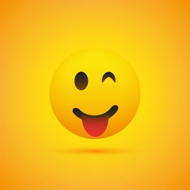 Emoji şaşırıp kalmış dışarı dil - sarı arka plan üzerinde basit parlak mutlu ifade ile gülümseyen 