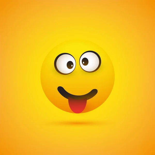 Emoji sonriente con la lengua atascada - Emoticono feliz brillante simple sobre fondo amarillo — Vector de stock