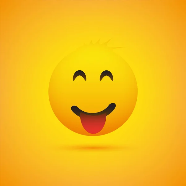 突き出した舌 黄色の背景にシンプルな光沢のある幸せな顔文字と絵文字を笑顔 — ストックベクタ