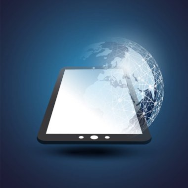 Cloud Computing tasarım konsepti ile dünya küre ve Tablet Pc - dijital ağ bağlantıları, teknolojik altyapı
