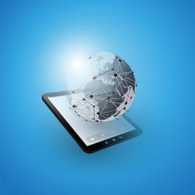 Cloud Computing tasarım konsepti ile dünya küre ve Tablet Pc - dijital ağ bağlantıları, teknolojik altyapı