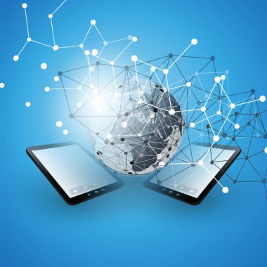 Cloud Computing tasarım konsepti ile dünya küre ve Tablet Pc - dijital ağ bağlantıları, teknolojik altyapı, vektör tasarımı
