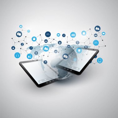 Internet Tablet Pc ve simgeler - dijital ağ bağlantıları, teknolojik altyapı ile şeyler dizayn kavramının