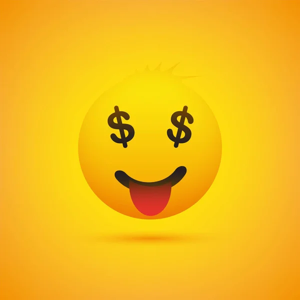 Leende Emoji Med Dollartecken Ögon Enkel Glad Smiley Gul Bakgrund — Stock vektor