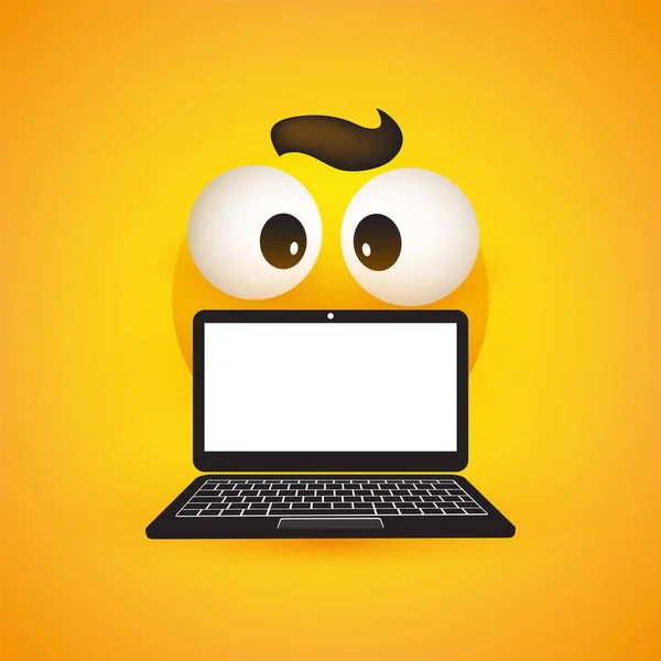 Emoji Φατσούλα Λαϊκό Έξω Μάτια Μαλλιά Και Ένα Φορητό Υπολογιστή — Διανυσματικό Αρχείο