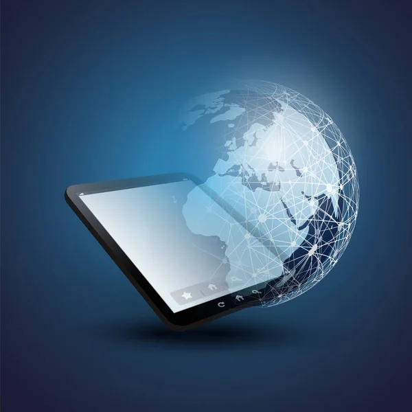 Cloud Computing Design Concept met Earth Globe en Tablet Pc - digitale netwerkverbindingen, technische achtergrond — Stockvector