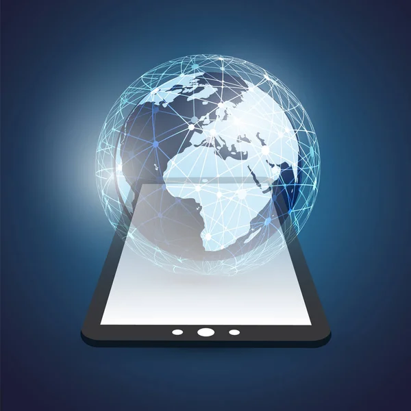 Cloud Computing Design Concept met Earth Globe en Tablet Pc - digitale netwerkverbindingen, technische achtergrond — Stockvector