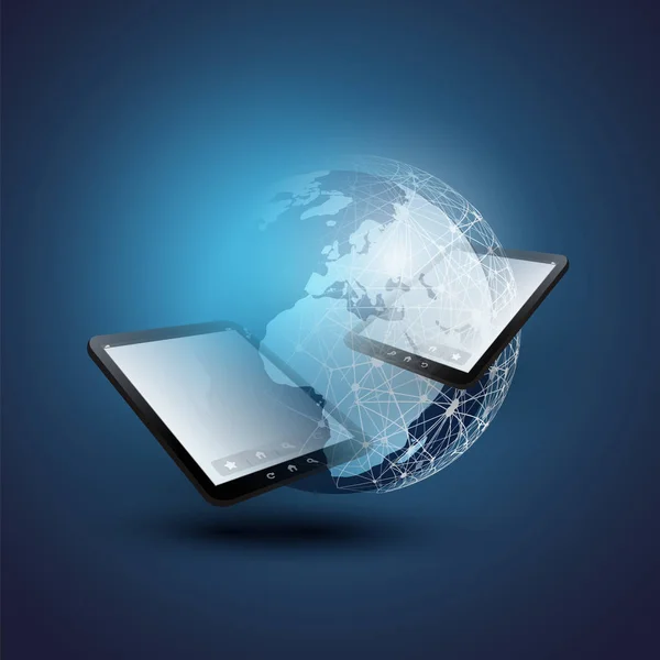 Cloud Computing Design Concept met Earth Globe en Tablet Pc - digitale netwerkverbindingen, technische achtergrond — Stockvector