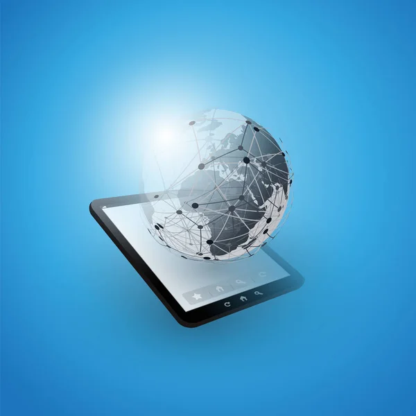 Cloud Computing Design Concept met Earth Globe en Tablet Pc - digitale netwerkverbindingen, technische achtergrond — Stockvector