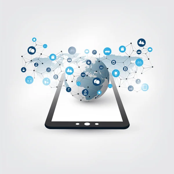 Concepto de diseño de Internet de las cosas con Tablet PC e iconos: conexiones de red digital, antecedentes tecnológicos — Vector de stock