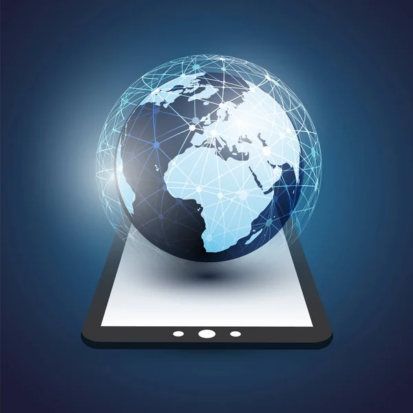 Cloud Computing Design Concept met Earth Globe en Tablet Pc - digitale netwerkverbindingen, technische achtergrond — Stockvector