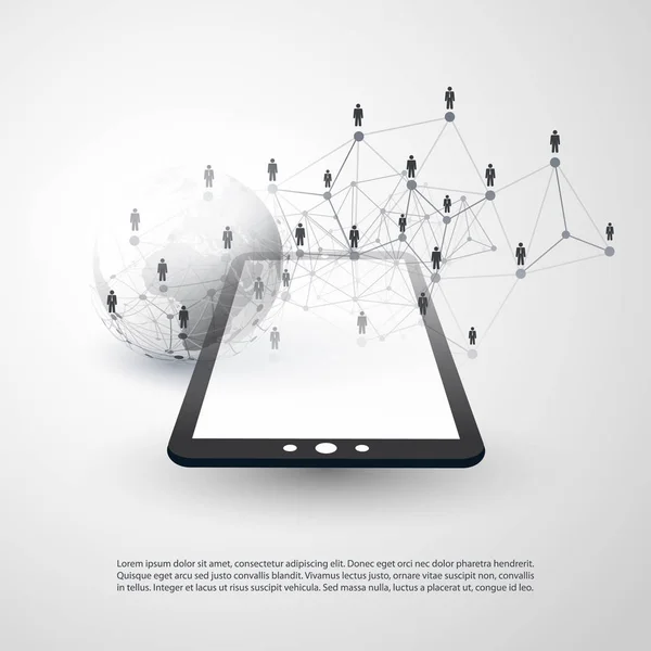 Nätverk - Global Business Connections - sociala medier konceptdesign med jorden världen och TabletPC — Stock vektor