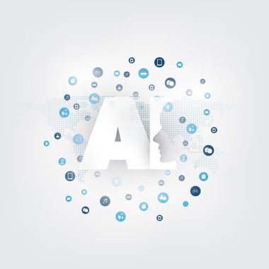 Yapay zeka, Internet şeyler ve Smart teknolojisi konsept tasarımı ile AI logosu ve simgeler