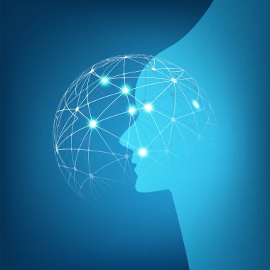 Makine yapay zeka, öğrenme, bulut bilgi işlem, otomatik tel kafes küre ve insan yüzü yapısı destek yardım ve ağlar tasarım konsepti