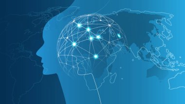 Makine yapay zeka, öğrenme, bulut bilgi işlem, otomatik tel kafes küre ve insan yüzü yapısı destek yardım ve ağlar tasarım konsepti