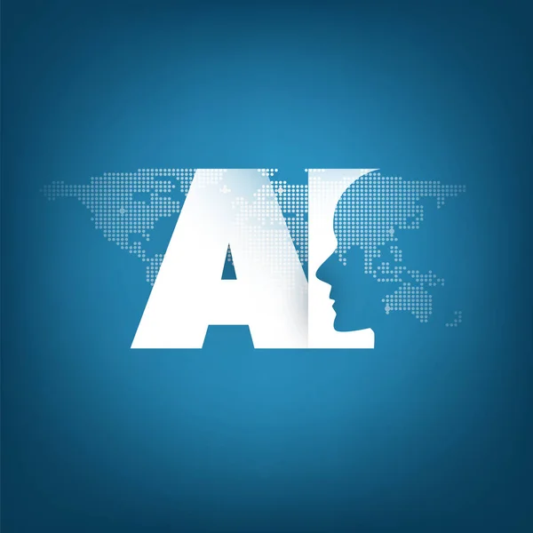 Aide mondiale à l'IA, assistance automatisée, aide numérique, apprentissage profond et conception de concepts technologiques futurs avec World Map et Human Head — Image vectorielle