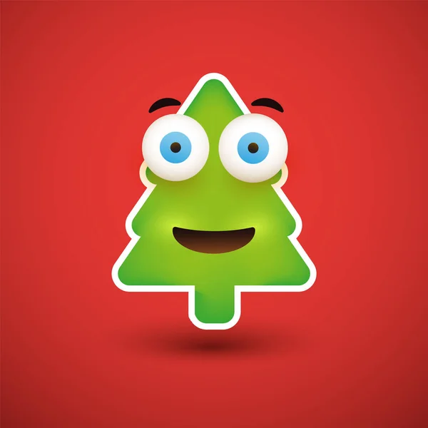 Gülümseyen Emoji Basit Noel Ağacı Şeklinde Ifade Kırmızı Zemin Üzerine — Stok Vektör