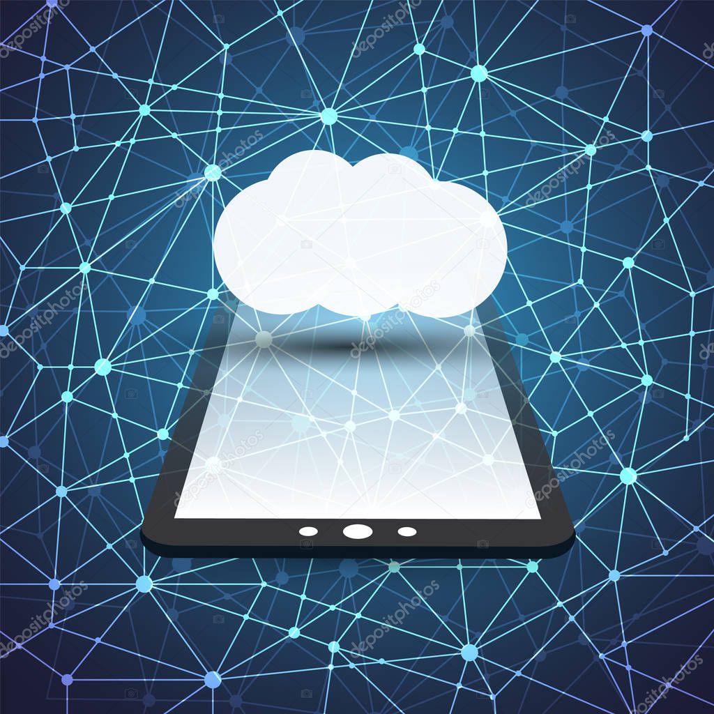 Cloud Computing Design Concept with Network Mesh and Tablet PC, Mobile Device - Digital Network Connections, Mobile Technology Background