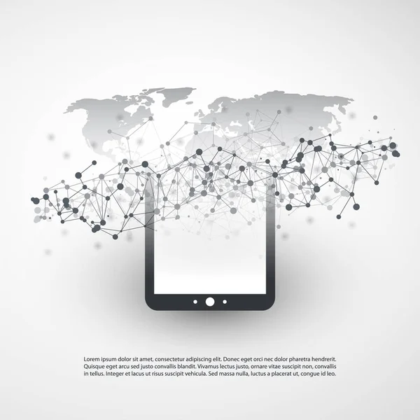 Digitala nätverksanslutningar, mobil teknik bakgrund - Cloud Computing designkoncept med nätverket Mesh, världskarta och TabletPC, mobil enhet — Stock vektor