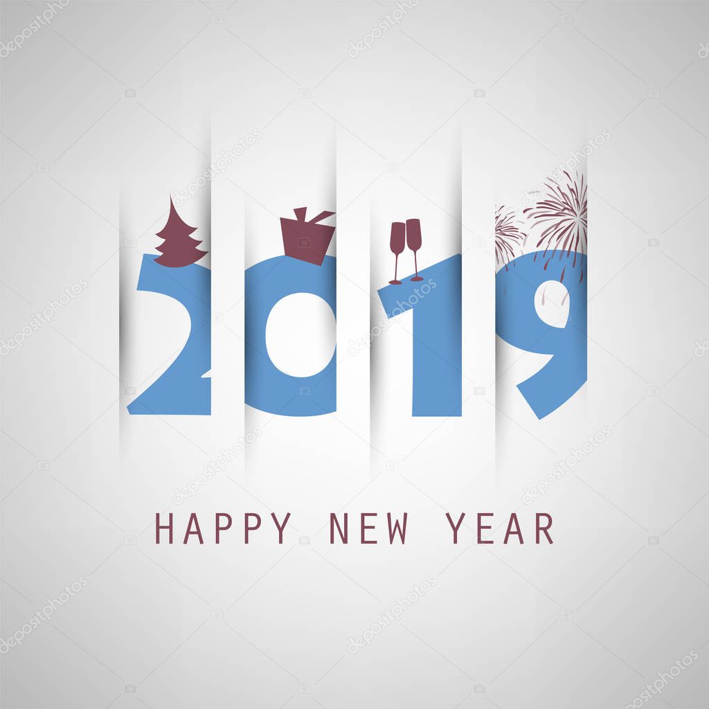 Simple Colorful New Year Card, Cover or Background Design Template With Christmas Tree, Gift Box, Drinking Glasses And Fireworks - 2019