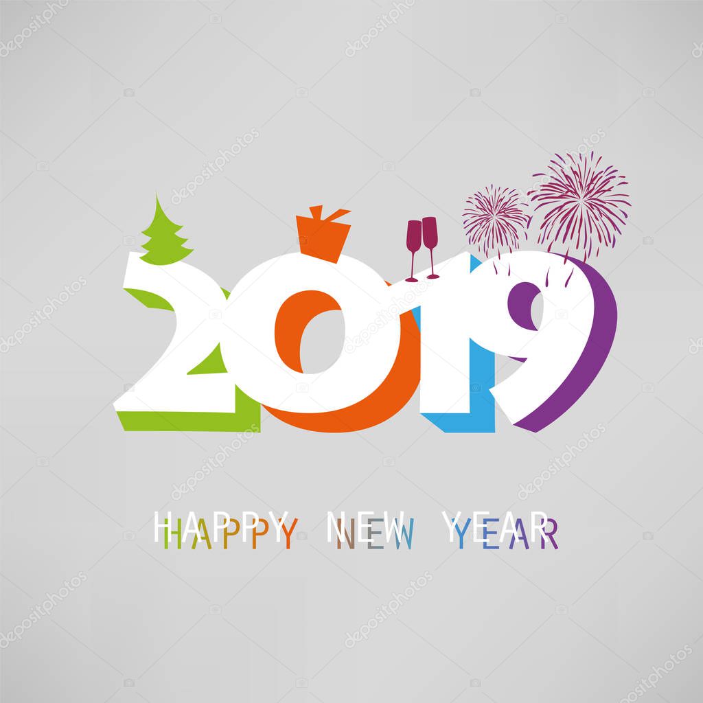 Best Wishes - Simple Colorful New Year Card, Cover or Background Design Template With Christmas Tree, Gift Box, Drinking Glasses And Fireworks - 2019