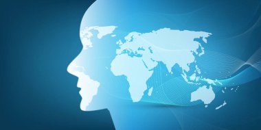 Öğrenme, yapay zeka makine, Cloud Computing, Global otomatik destek yardım ve ağlar tasarım konsepti ile Dünya Haritası, dalgalı desen ve insan kafası