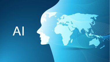 Öğrenme, yapay zeka makine, Cloud Computing, Global otomatik destek yardım ve ağlar tasarım konsepti ile Dünya Haritası, dalgalı desen ve insan kafası