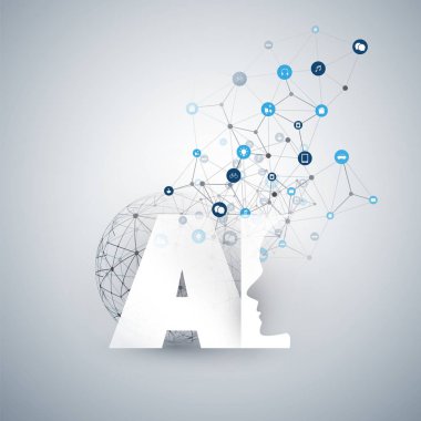 Yapay zeka, Internet şeyler ve Smart teknolojisi konsept tasarımı ile AI logosu ve simgeler
