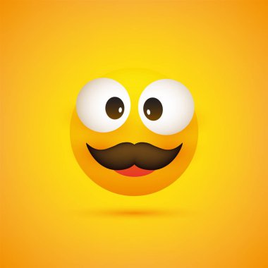 Emoji - gözleri ve sarı zemin üzerine bıyık şaşı Pop ile basit mutlu ifade - vektör tasarımı gülümseyen