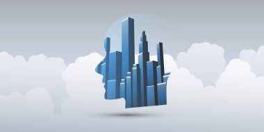 Akıllı şehir, otomatik dijital kontrol, derin öğrenme, yapay zeka ve şehir manzarası ve insan kafası ile geleceğin teknolojisi konsept tasarım